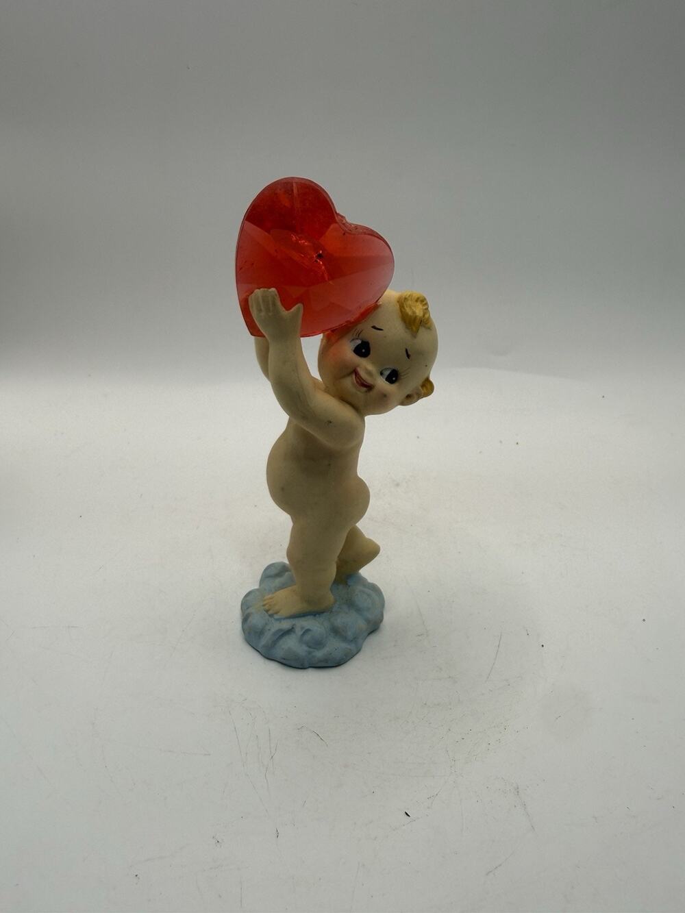 Vintage Cupid Cherub Figurine Holding Red Acrylic Heart Valentine Decor 4.5" *